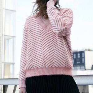 FRNCH Pullover Sweater V-Neck Long Sleeve Diagonal Stripe Chenille Rose Soft S/M